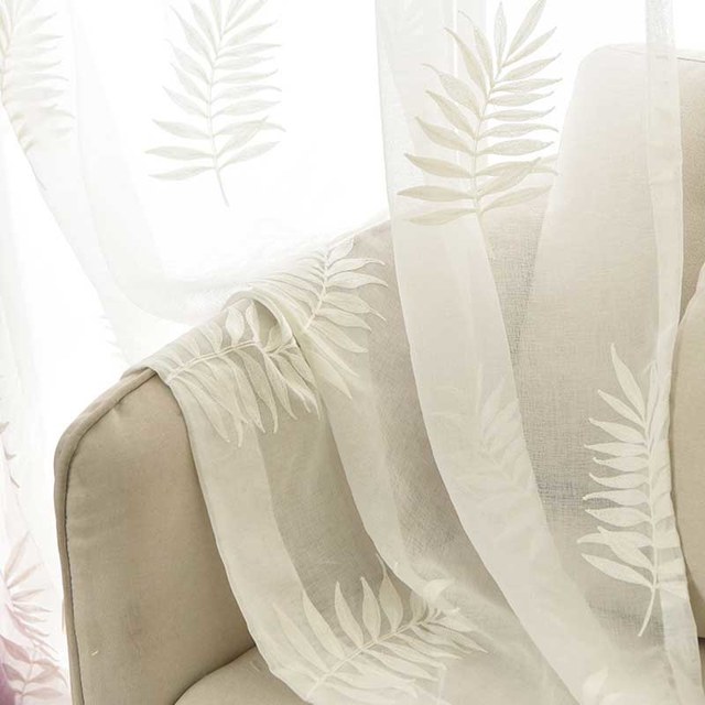 Leafy Whispers Embroidered Ivory White Voile Curtain 1