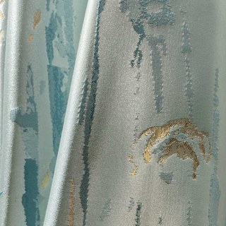 Misty Rain Jacquard Faux Silk Cream & Pastel Blue Floral Curtain With Gold Details 3