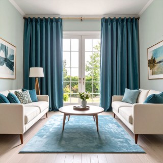 Double Plush Sea Blue Chenille Blackout Curtain 1