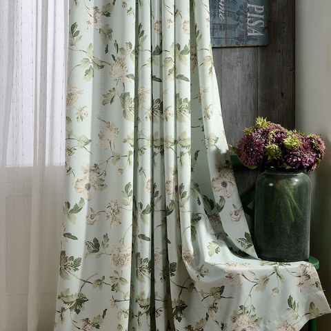 Pastel Peony Green and Cream Floral Curtain