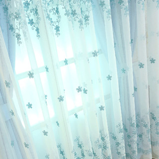 Touch Of Grace Embroidered Blue Flower Voile Curtain