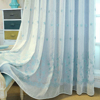 Lined Voile Curtain Touch Of Grace Blue Embroidered Sheer Curtain with Blue Lining