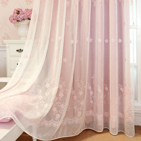 Embroidered Voile Curtain With Pink Lining