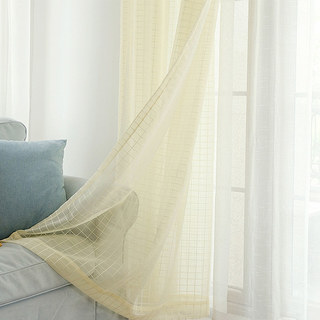 In Grid Windowpane Check Light Yellow Gold Shimmery Voile Curtain 4