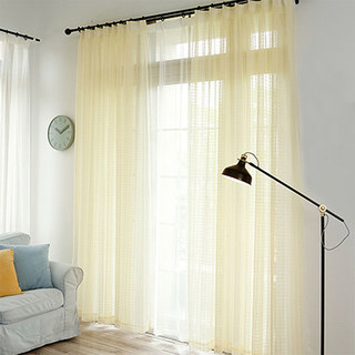 In Grid Windowpane Check Light Yellow Gold Shimmery Voile Curtain 2