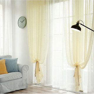 In Grid Windowpane Check Light Yellow Gold Shimmery Voile Curtain 3