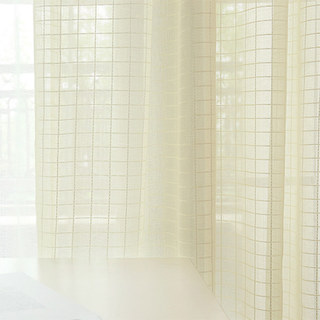 In Grid Windowpane Check Light Yellow Gold Shimmery Voile Curtain 5