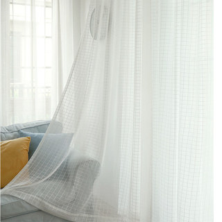In Grid Windowpane Check White Shimmery Sheer Voile Curtain 2