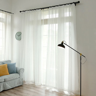 In Grid Windowpane Check White Shimmery Sheer Voile Curtain 3