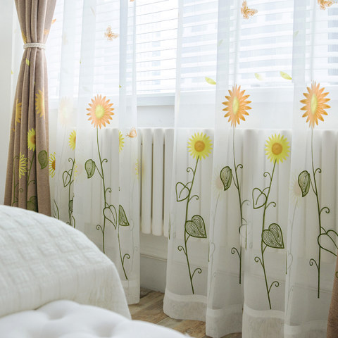 Yellow Sunflower and Butterfly Embroidered Sheer Voile Curtain 1