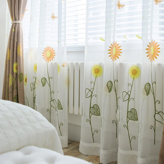 Yellow Sunflower and Butterfly Embroidered Sheer Voile Curtain