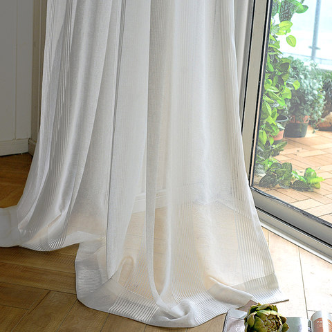 Elizabeth White Semi Sheer Vertical Bands White Lines Voile Curtain 1