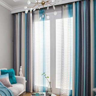 Sea Breeze Cocktail Rock Grey and Beach Blue Striped Curtain 1