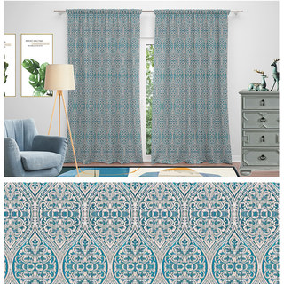 Folk Heart Scandinavian Floral Heavy Chenille Jacquard Teal Blue Curtain 5