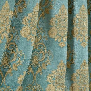 Luxury Damask Heavy Chenille Jacquard Teal Blue Curtain 7