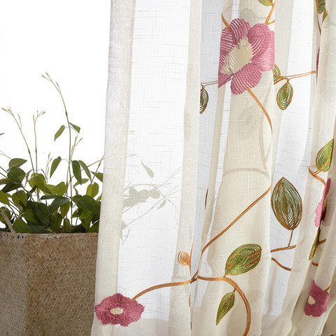 Floral Journey Pink Embroidered Sheer Voile Curtain 1