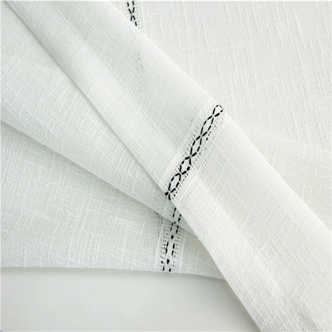Gracie White Linen Horizontal Band Voile Curtains 1