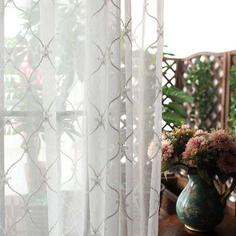 Fleur White Sheer Voile Curtains with Embroidered Trellis and Royal Detailing 1