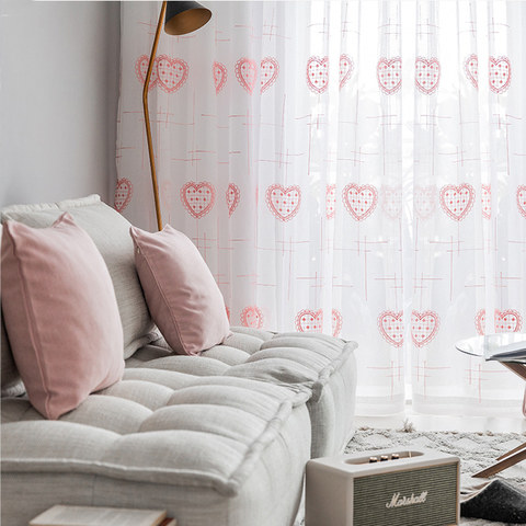 Adored Sheer Voile Curtains with Pink Embroidered Heart Detailing 1