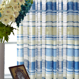 Beach Hut Blue and Yellow Horizontal Striped Semi Sheer Voile Curtain 3