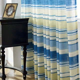 Beach Hut Blue and Yellow Horizontal Striped Semi Sheer Voile Curtain 4