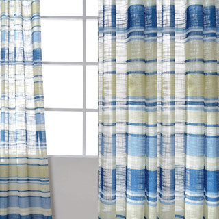 Beach Hut Blue and Yellow Horizontal Striped Semi Sheer Voile Curtain 1