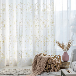 Buttercup Gold Embroidered Sheer Voile Curtains 1