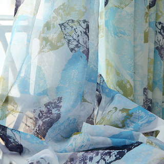 Swaying In The Breeze Blue Block Leaf Print Voile Sheer Curtain 1