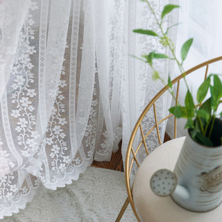 Delicate Flowers White Sheer Voile Curtain with Column Detail and a Scalloped Edge