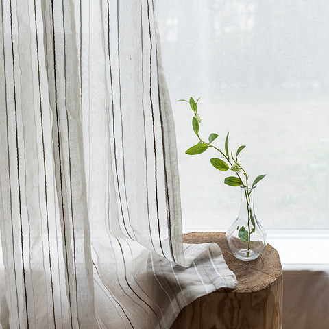 French Vintage Textured Triple Striped Ivory Linen Voile Curtain 1