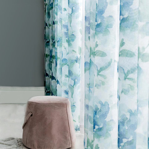 Blue Watercolour Flowers Painting Effect Print Floral Sheer Voile Curtains 1