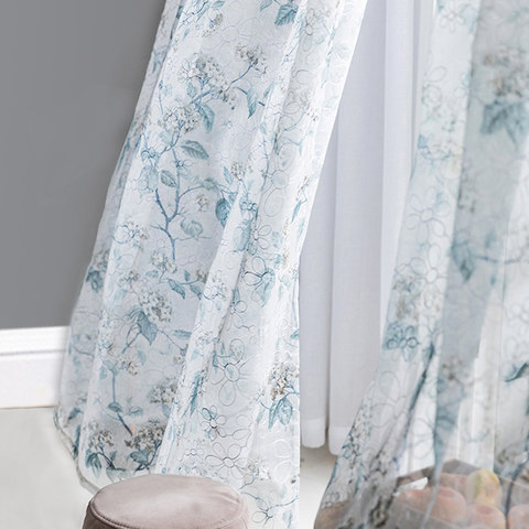 Brambles Foliage Grey Blue Print with Embroidered Flower Overlay Sheer Voile Curtain 1