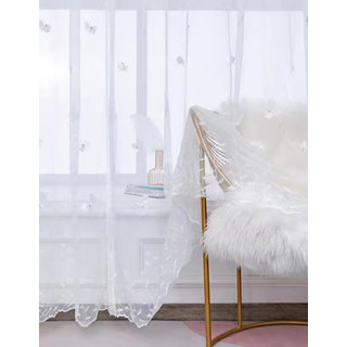 Graceful Butterfly Glass Pearl Beaded White Embroidered Voile Curtain 7