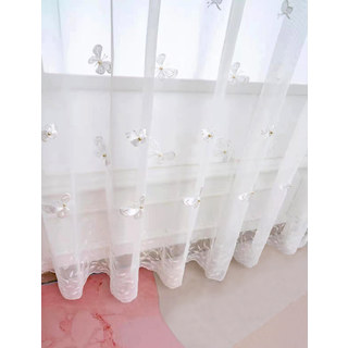 Graceful Butterfly Glass Pearl Beaded White Embroidered Voile Curtain 8