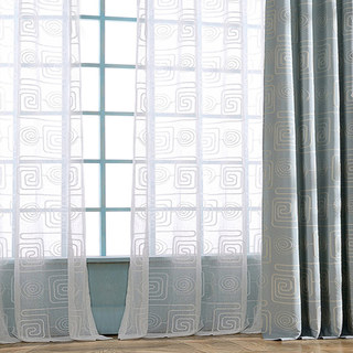Spiral Maze Pattern Embroidered Cotton White Sheer Voile Curtain