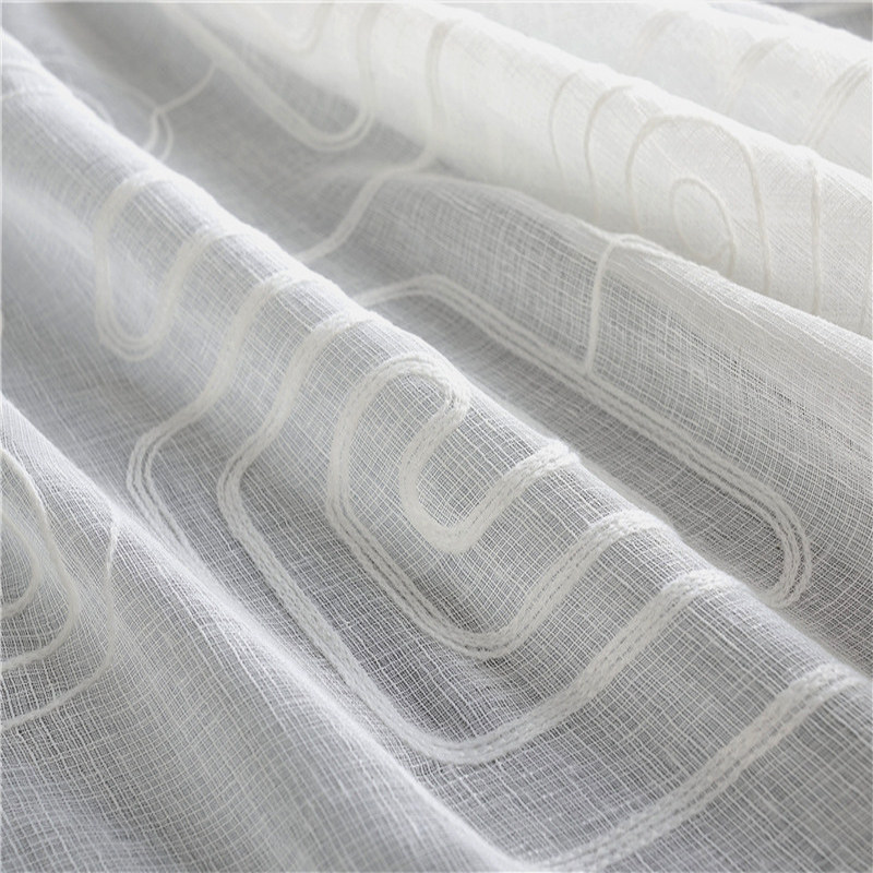 Spiral Maze Pattern Embroidered Cotton White Sheer Voile Curtain