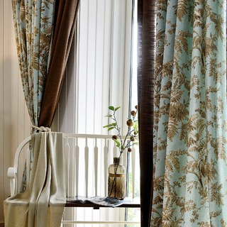 French Country Retro Blue and Brown Magpie Bird Fern Floral Curtain 2