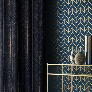 New Look Luxury Art Deco Herringbone Navy Blue & Gold Sparkle Curtain