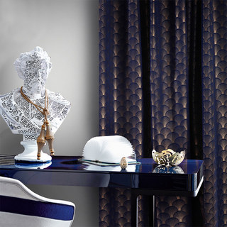 The Roaring Twenties Luxury Art Deco Shell Pattern Navy Blue & Gold Geometric Curtain 1
