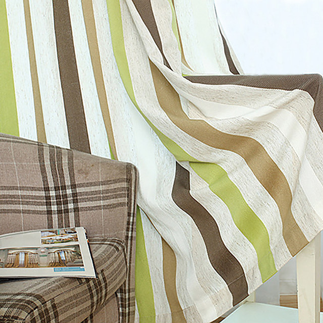 Riviera Olive Green Brown & White Striped Cotton Blend Curtain 1