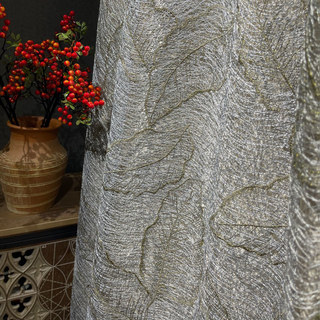 Gold Leaves Embroidered Grey Mesh Net Curtain
