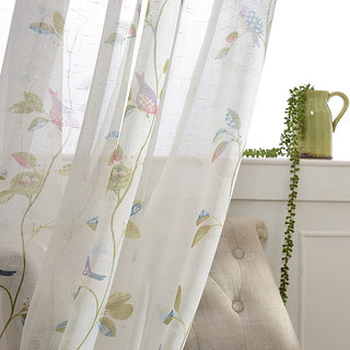 Misty Meadow Floral And Bird Cream Voile Curtain