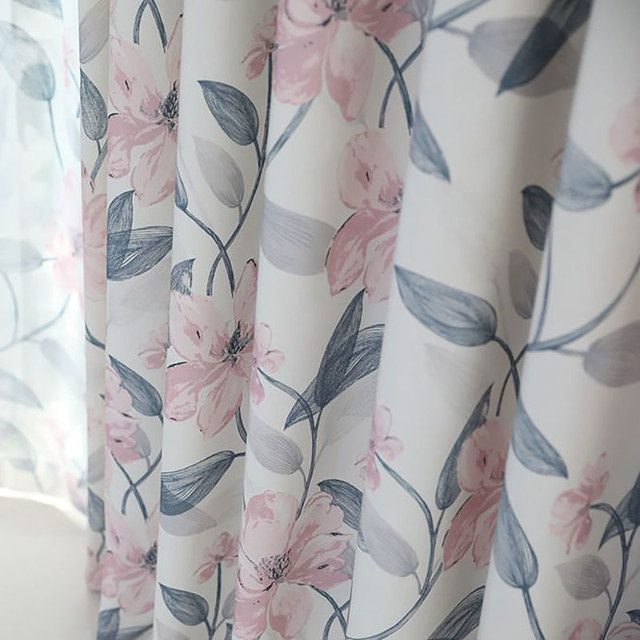 Spring Bloom Pink Floral and Foliage Print Curtains 1