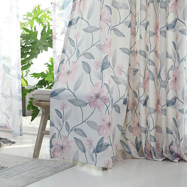Spring Bloom Pink Floral and Foliage Print Curtains