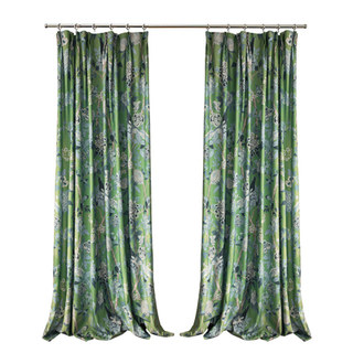 Birds & Blossoms Chinoiserie Blue & Green Floral Velvet Curtain 8