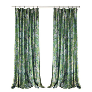 Birds & Blossoms Chinoiserie Blue & Green Floral Velvet Curtain