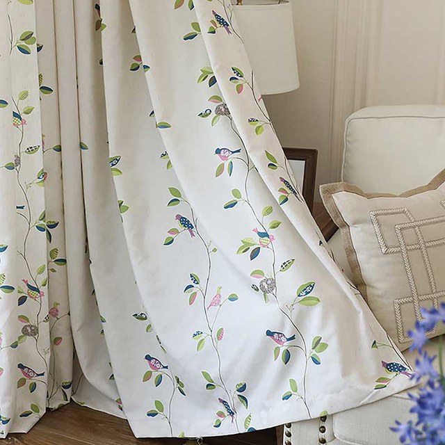 Misty Meadow Linen Style Floral and Bird Print Curtain 1