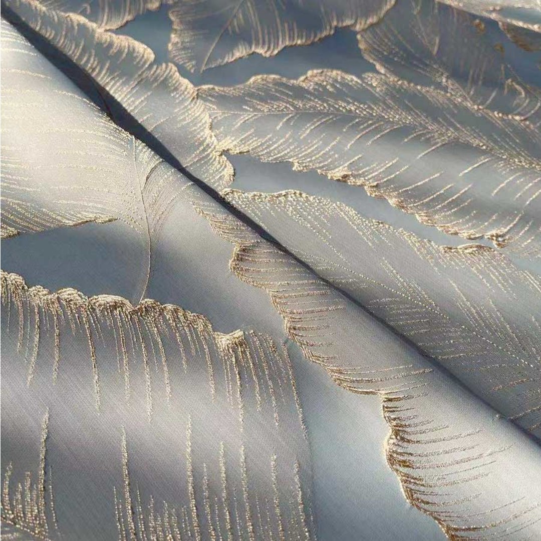 Paradise Luxury 3D Jacquard Tropical Leaves Pastel Blue Curtain with