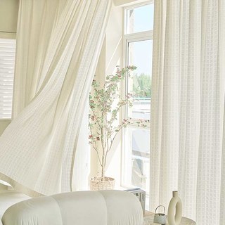 Woven Knit Cotton Blend Basketweave Patterned White Heavy Voile Curtain