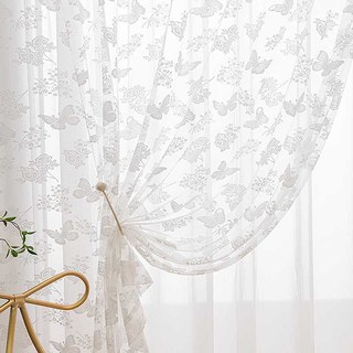 Rose and Butterfly Ivory White Jacquard Floral Lace Net Curtain 1